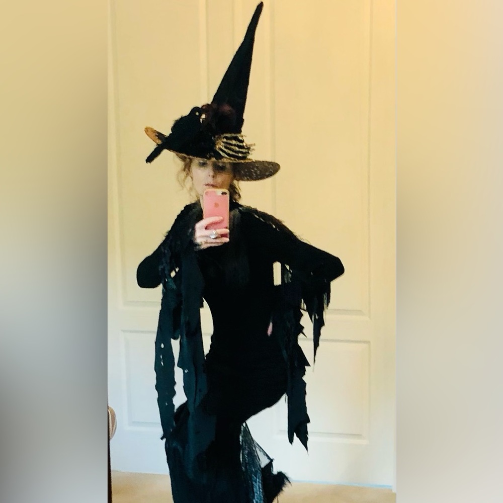 WITCH HAT Black satin green Sparkles crawling with spiders & Lg web 1 Of a kind - Picture 2 of 16